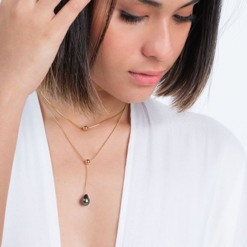 Collier Double en acier doré et perle de Tahiti