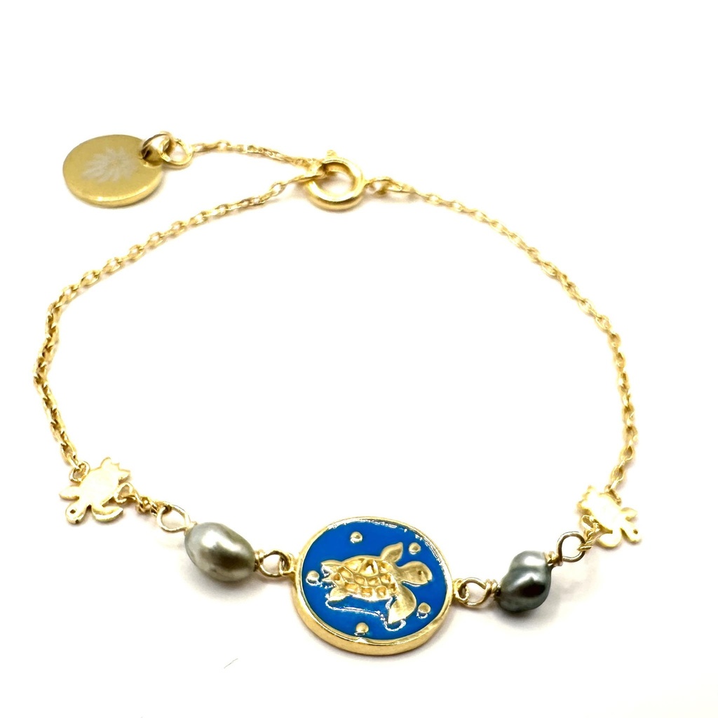 Bracelet Enfant plaqué or Tortue Pastille bleue +2 keishis