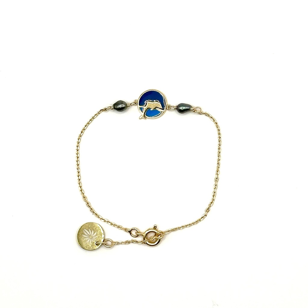 Bracelet Enfant plaqué or Pastille Bleu Dauphin + 2 keishis