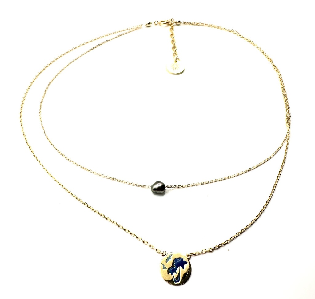 Collier enfant plaqué or 2 rangs médaillon palmiers bleu + keishi