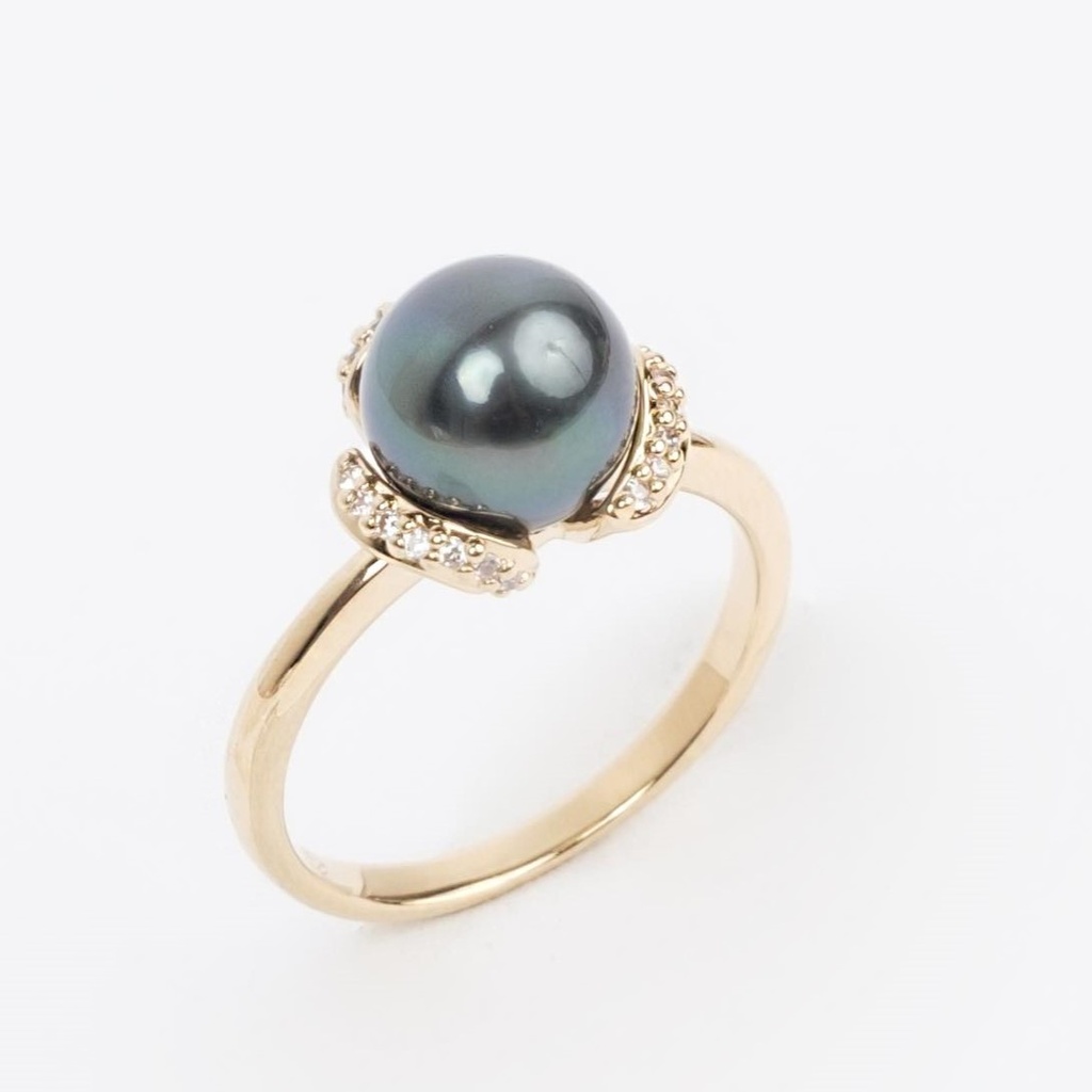 BAGUE FLEUR PERLE DE TAHITI ET ZIRCONS - plaqué or