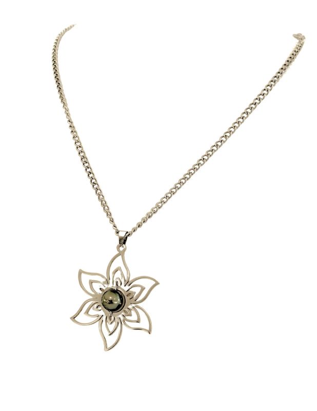 COLLIER FLEUR ET PERLE DE TAHITI - acier inoxydable