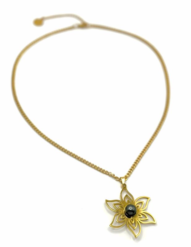 COLLIER FLEUR ET PERLE DE TAHITI - acier doré