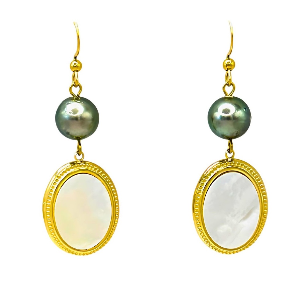 Boucles d'oreilles perle et médaillon nacre - acier doré