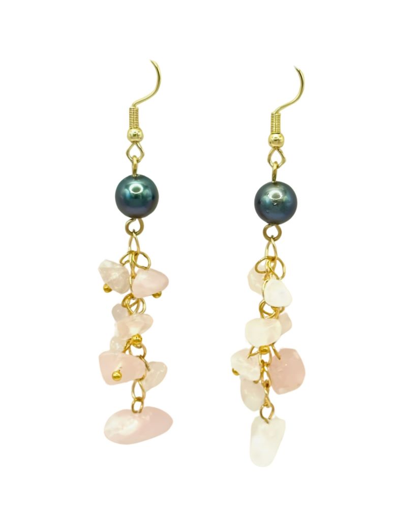 Boucles d'oreilles grappe de pierres et perle de Tahiti - acier doré