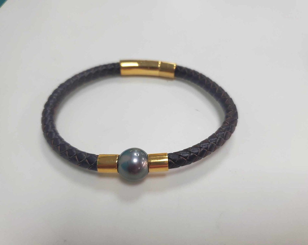 BRACELET HOMME  CUIR acier doré +perle