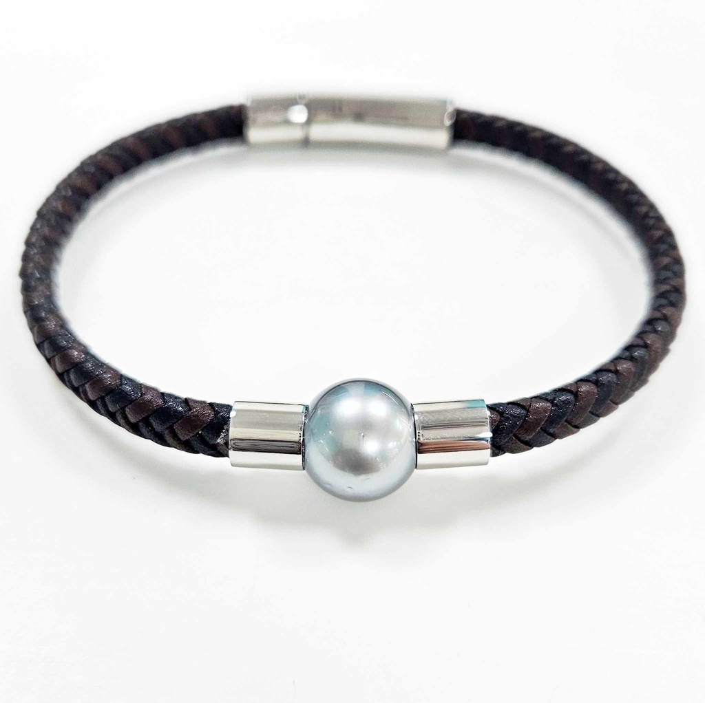 Bracelet cuir tressé noir-marron et perle de Tahiti