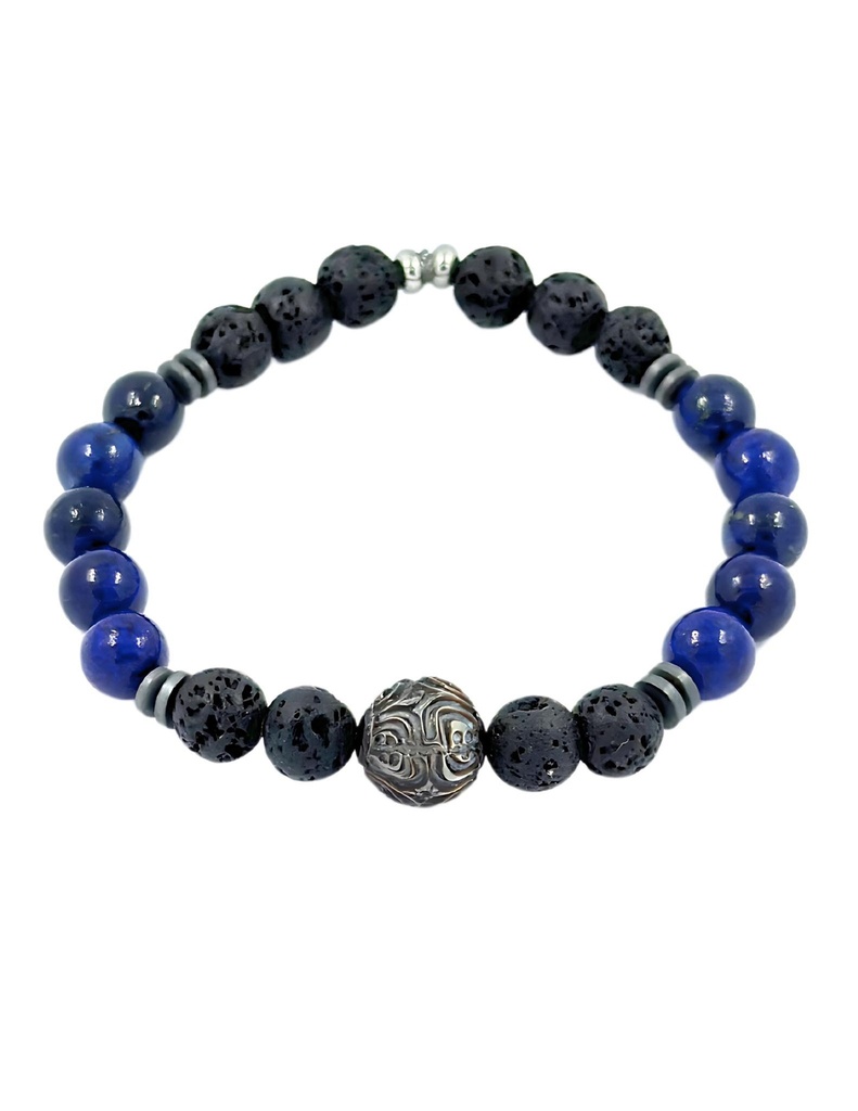 BRACELET HOMME ELASTIQUE LAPIS/PDL + perle gravée