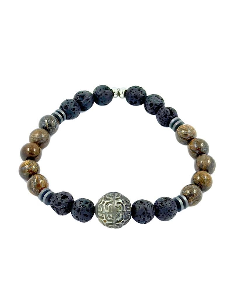 BRACELET HOMME ELASTIQUE BRONZITE/ PDL + perle gravée