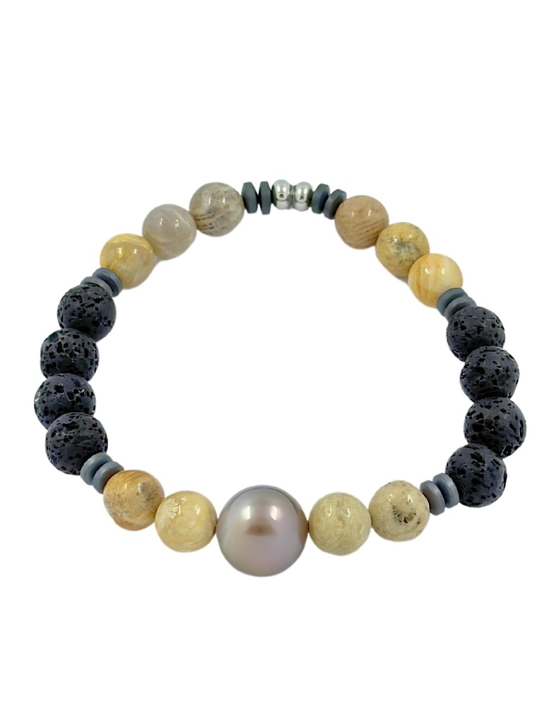 BRACELET ELASTIQUE HOMME CORAIL FOSSIL ET PERLE