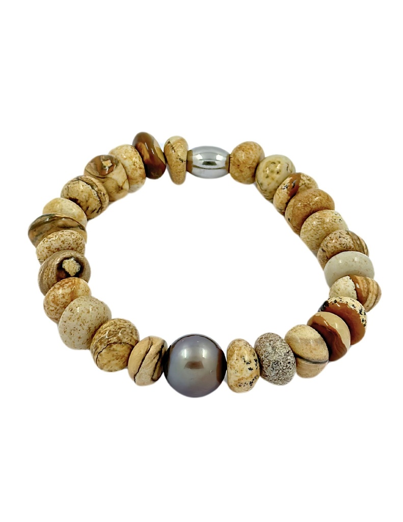 BRACELET ELASTIQUE HOMME GRANDE JASPE ET PERLE