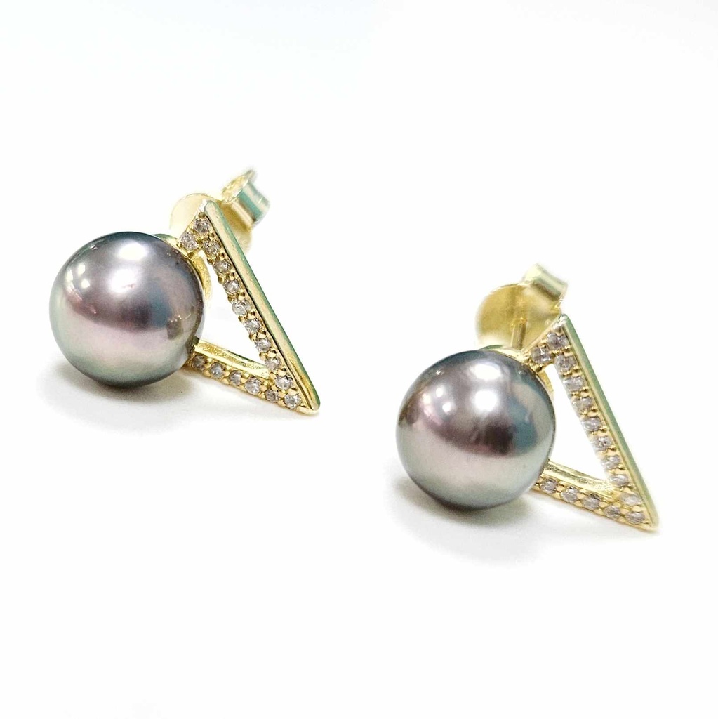 BOUCLES D'OREILLES TRIANGLES ZIRCONS ET PERLE - plaqué or