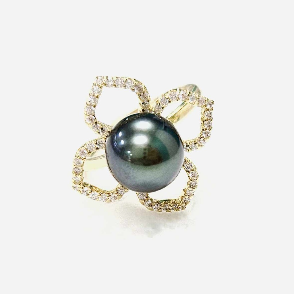 BAGUE FLEUR ZIRCONS ET PERLE, Ajustable - Vermeil (plaqué or sur argent)