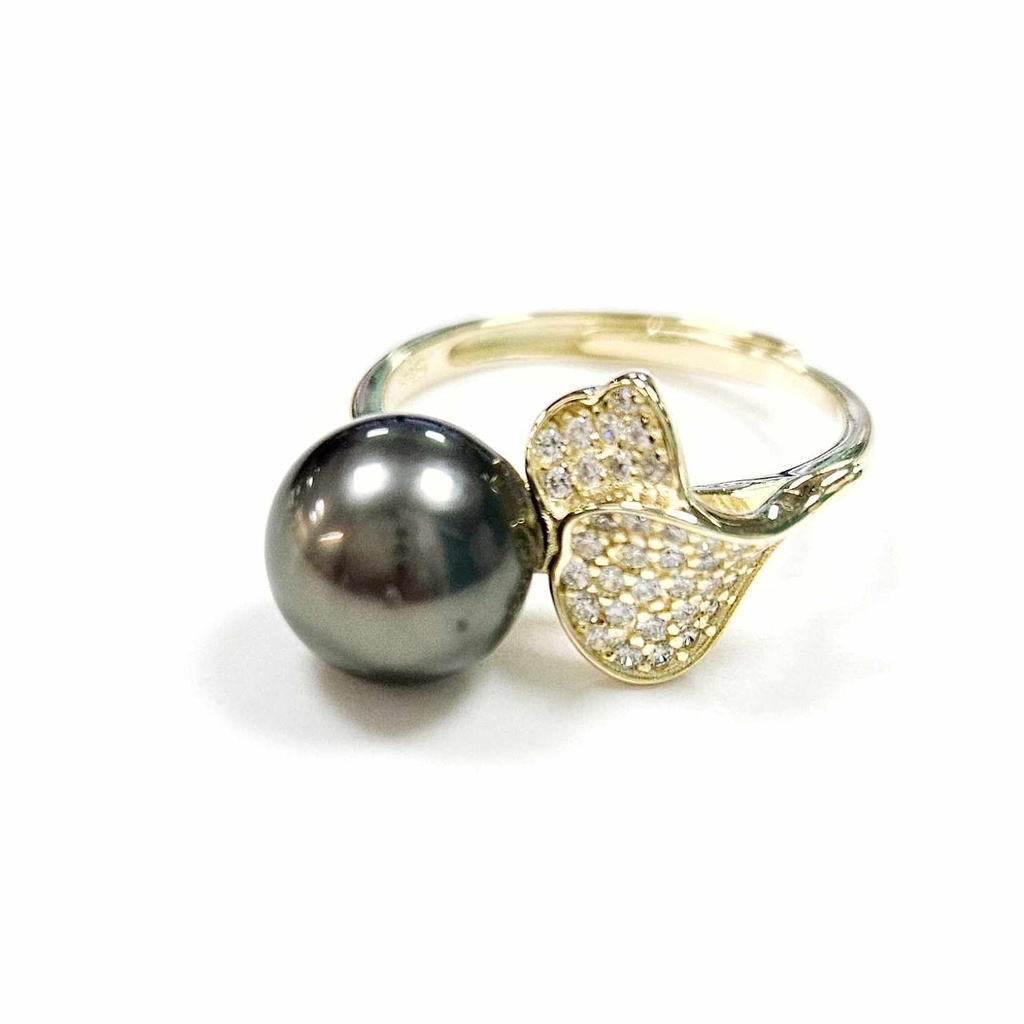 BAGUE FEUILLES ZIRCONS ET PERLE, Ajustable - vermeil (plaqué or sur argent)