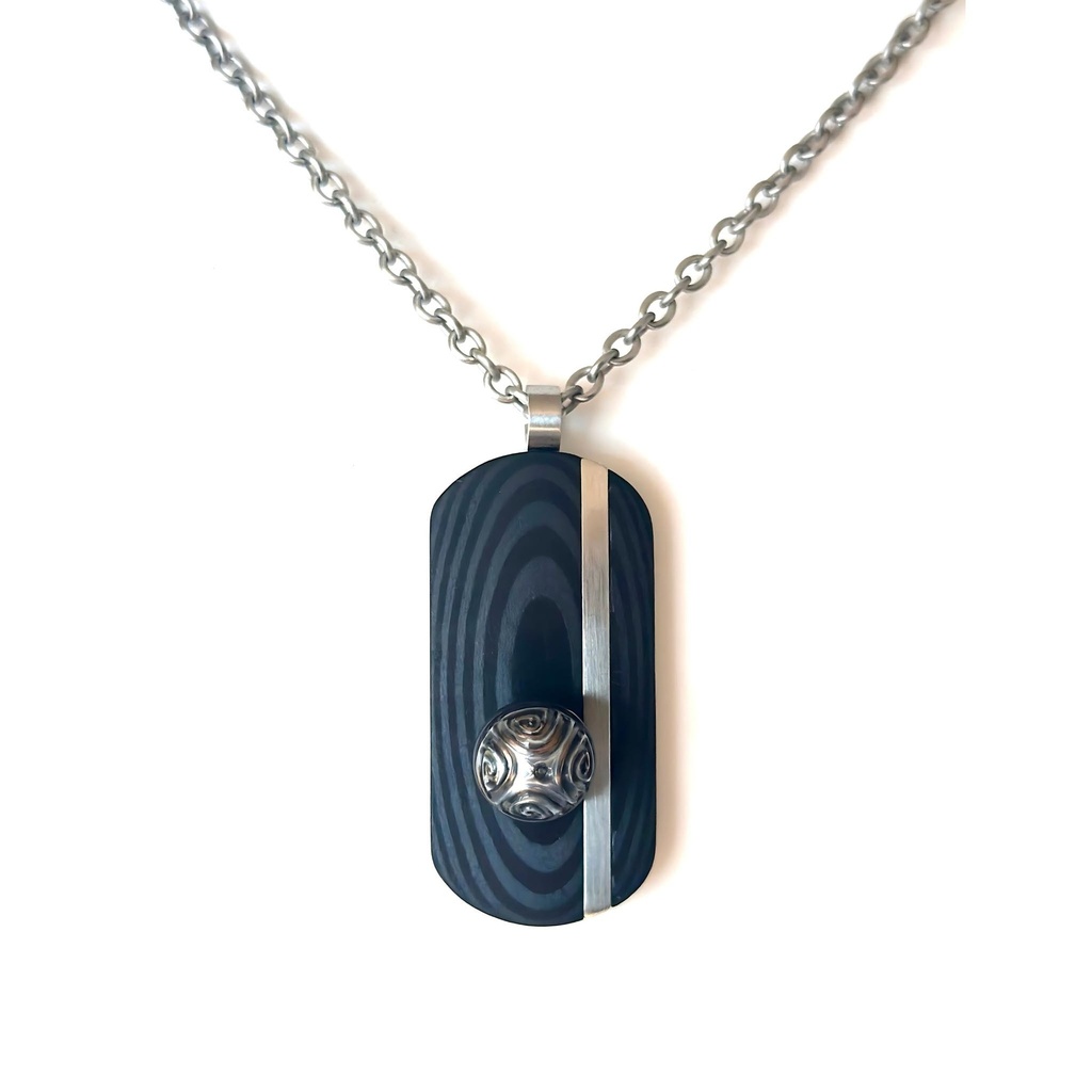 COLLIER HOMME PENDENTIF CARBONE PERLE GRAVEE 1 BARRE