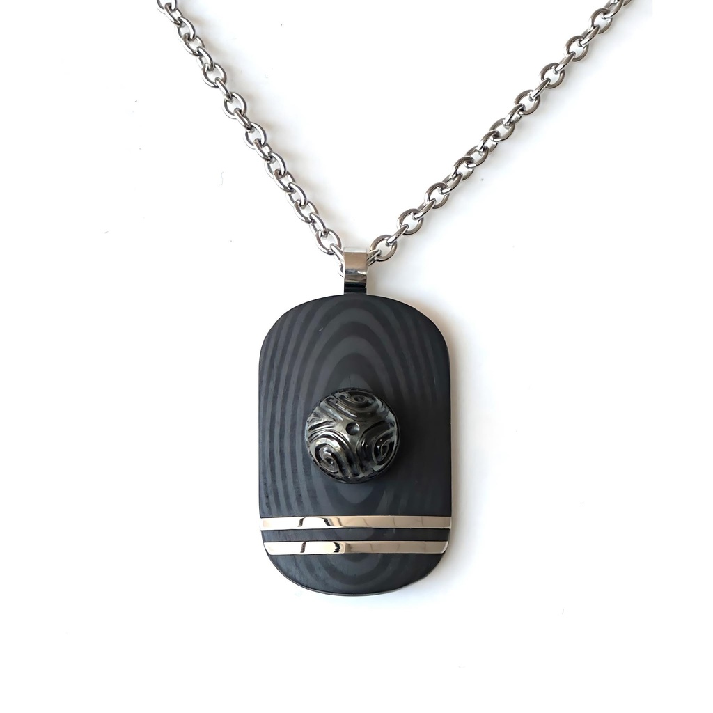 COLLIER HOMME PENDENTIF CARBONE PERLE GRAVEE 2 BARRES