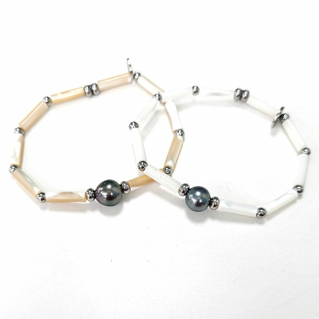 BRACELET ELASTIQUE PERLE ET NACRE ACIER - BLANC OU BEIGE