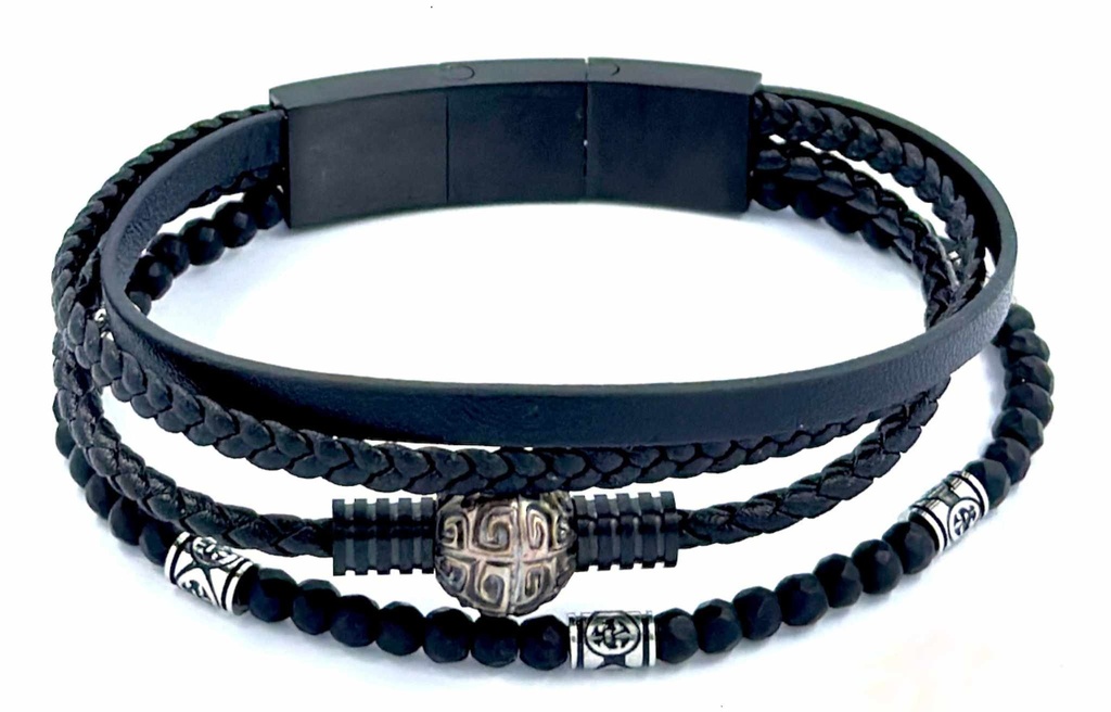 BRACELET HOMME MULTIRANGS CUIR, APPRET ACIER ET PERLE GRAVEE