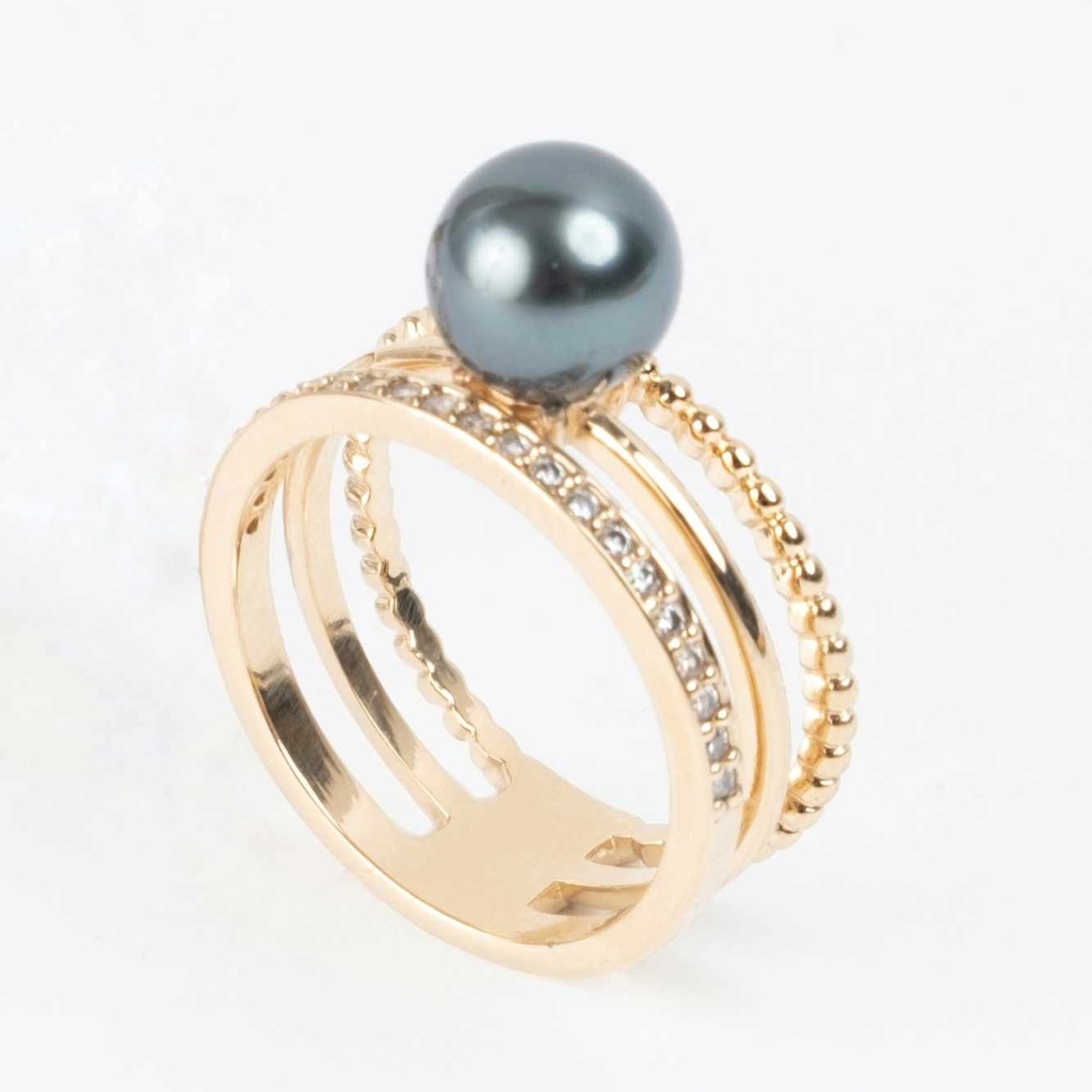 BAGUE LARGE 3 ANNEAUX ZIRCONS ET PERLE - plaqué or