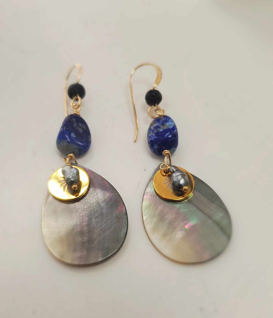 Boucle d'oreille plaqué or, Nacres, Keishi, lapis lazulis