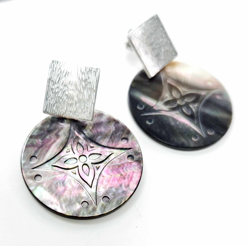 BOUCLES D OREILLE NACRE RONDE GRAVEE - Acier