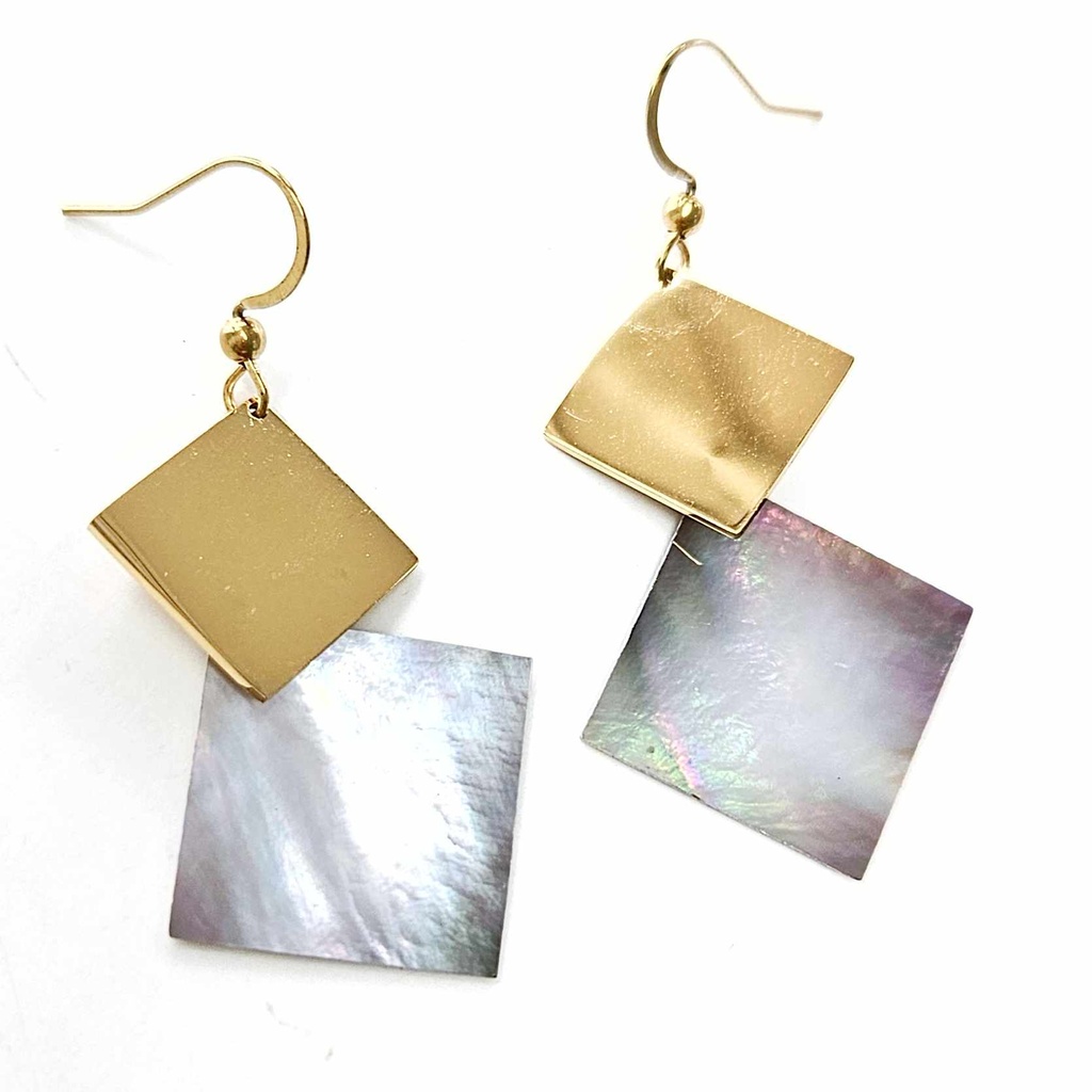BOUCLES D OREILLES 2 LOSANGES NACRE - acier doré