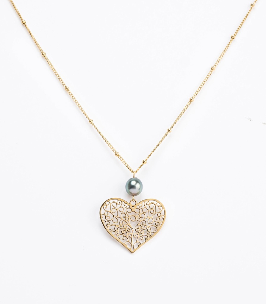 COLLIER COEUR AJOURE ET PERLE - ACIER DORE
