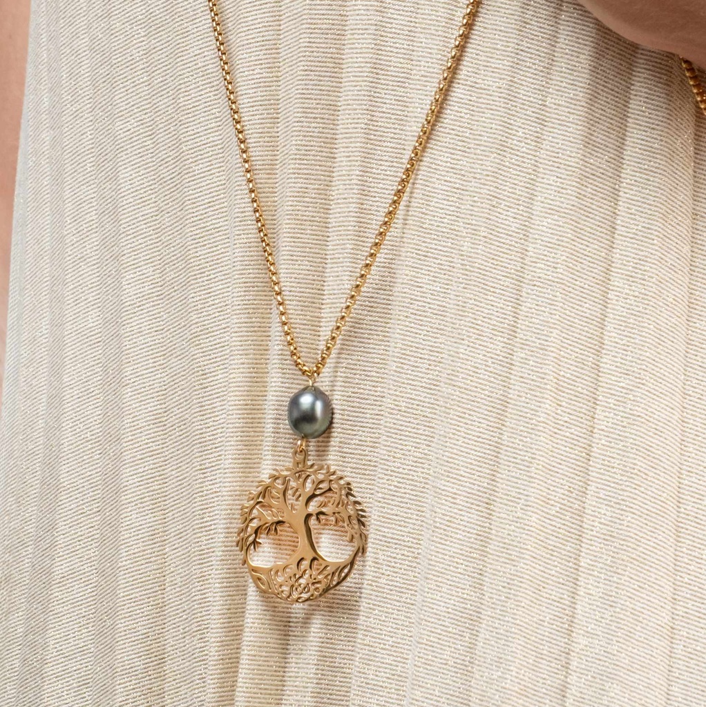 PENDENTIF LONG PERLE ET ARBRE DE VIE - acier doré