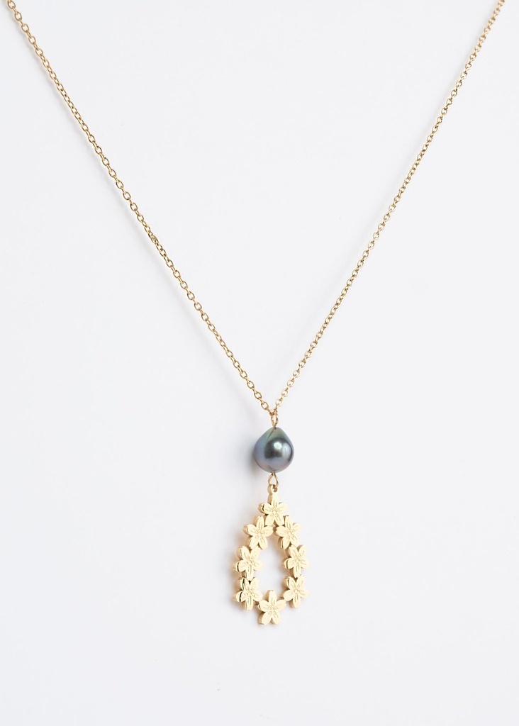 COLLIER GOUTTE FLEURS SAKURA ET PERLE - acier doré