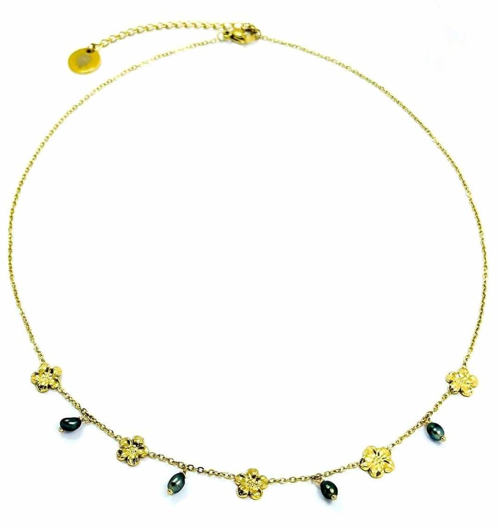 COLLIER FLEURS ET KEISHIS BRELOQUES - ACIER DORE