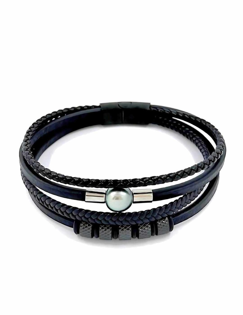 BRACELET CUIR MULTIRANGS ET PERLE DE TAHITI