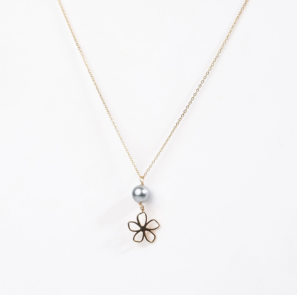 COLLIER PENDENTIF TIARE EVIDEE ET PERLE DE TAHITI - ACIER DORE