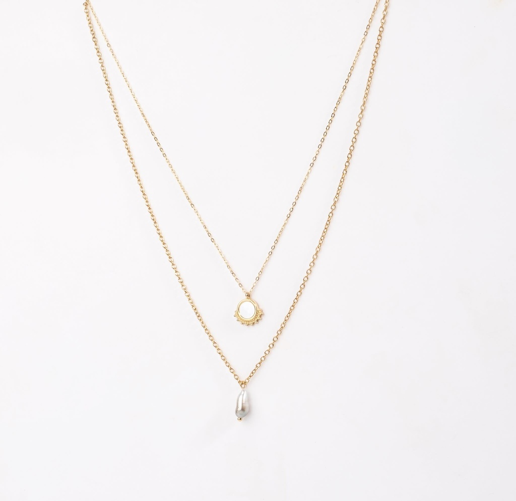 COLLIER DOUBLE MEDAILLON NACRE ET KEISHI - ACIER DORE