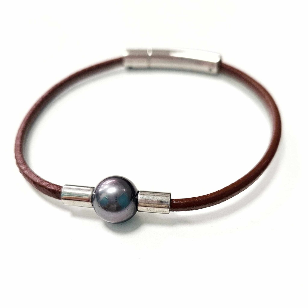 BRACELET HOMME CUIR FIN MARRON ET PERLE