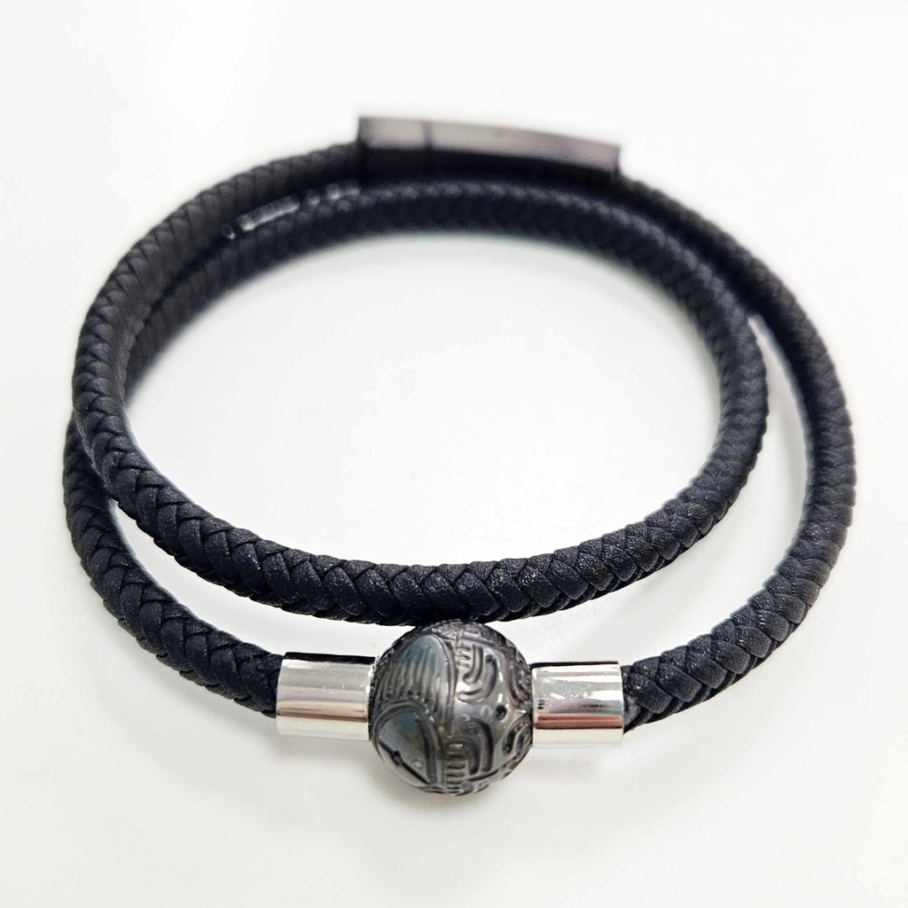 BRACELET HOMME DEUX TOURS CUIR ET PERLE GRAVEE
