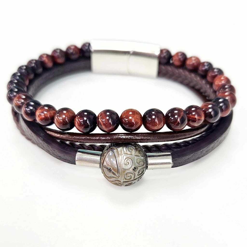 BRACELET MULTI CUIR MARRON AGATE ET PERLE GRAVEE