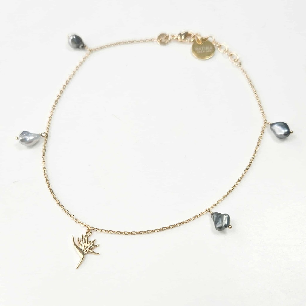 CHAINE DE CHEVILLE OISEAU DE PARADIS ET 4 KEISHIS EN BRELOQUE