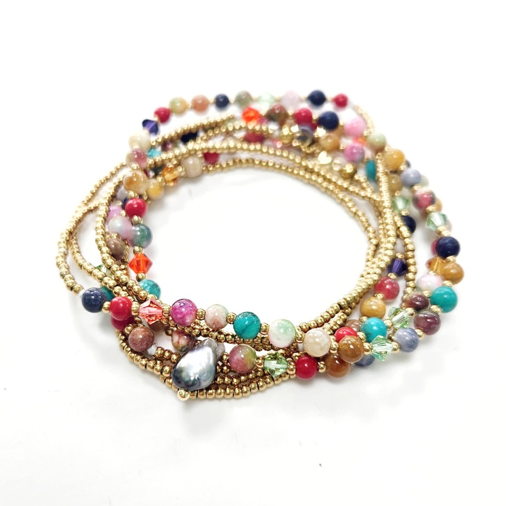 SAUTOIR/BRACELET 7TOURS AGATE ET KEISHI - ACIER DORE