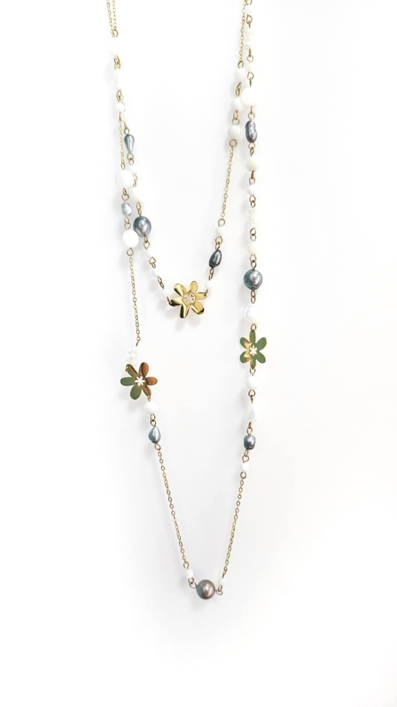 Sautoir tiares acier doré PERLES KEISHIS NACRE BLANCHES