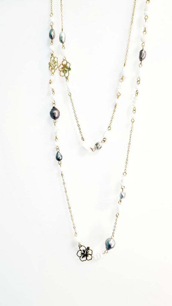 Sautoir hibiscus acier doré PERLES ET KEISHIS