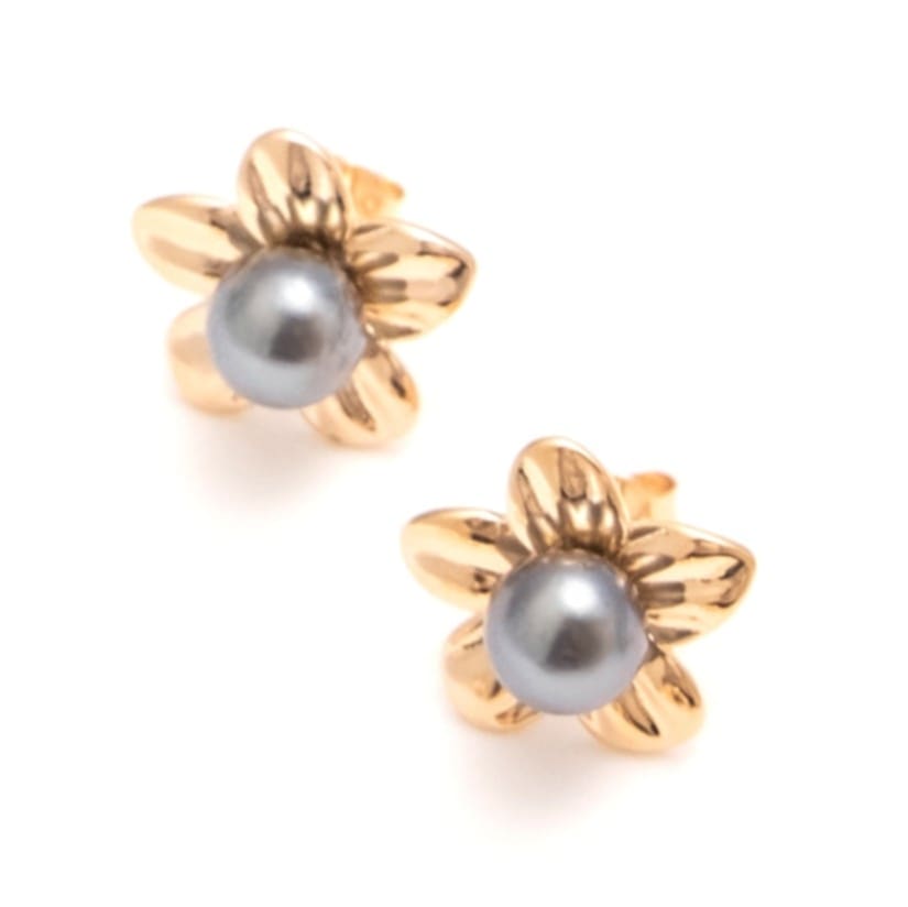 BOUCLES D OREILLES FLEUR ET PERLES DE TAHITI - PLAQUE OR