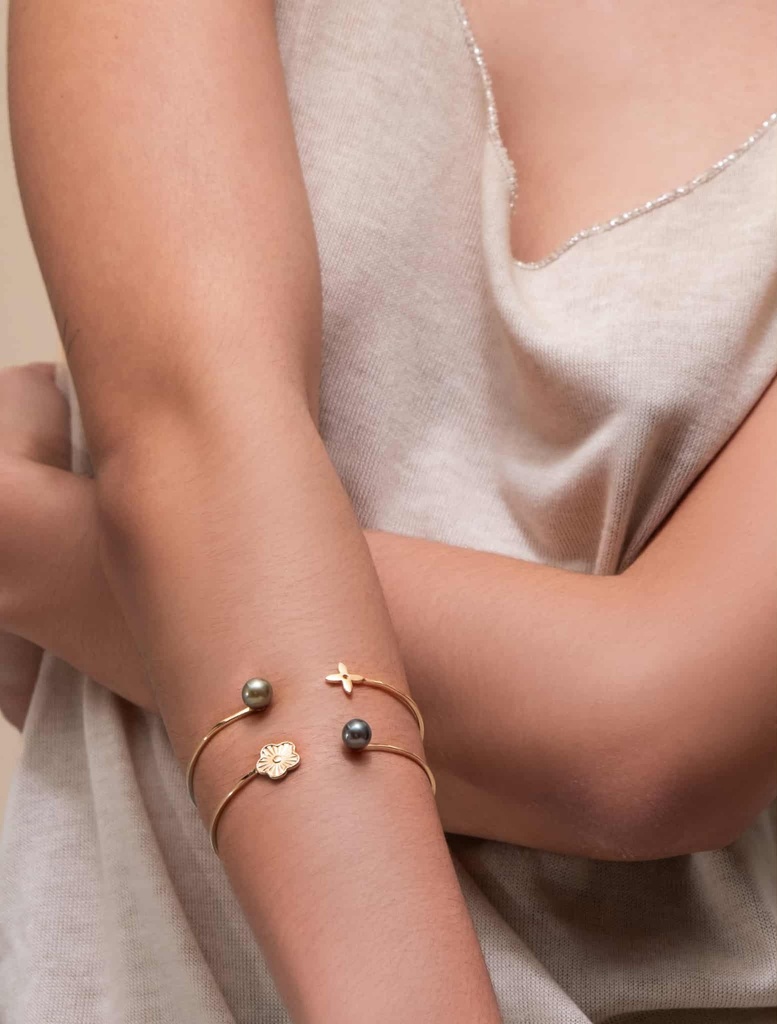 Jonc en plaqué or fleurs 1 perle