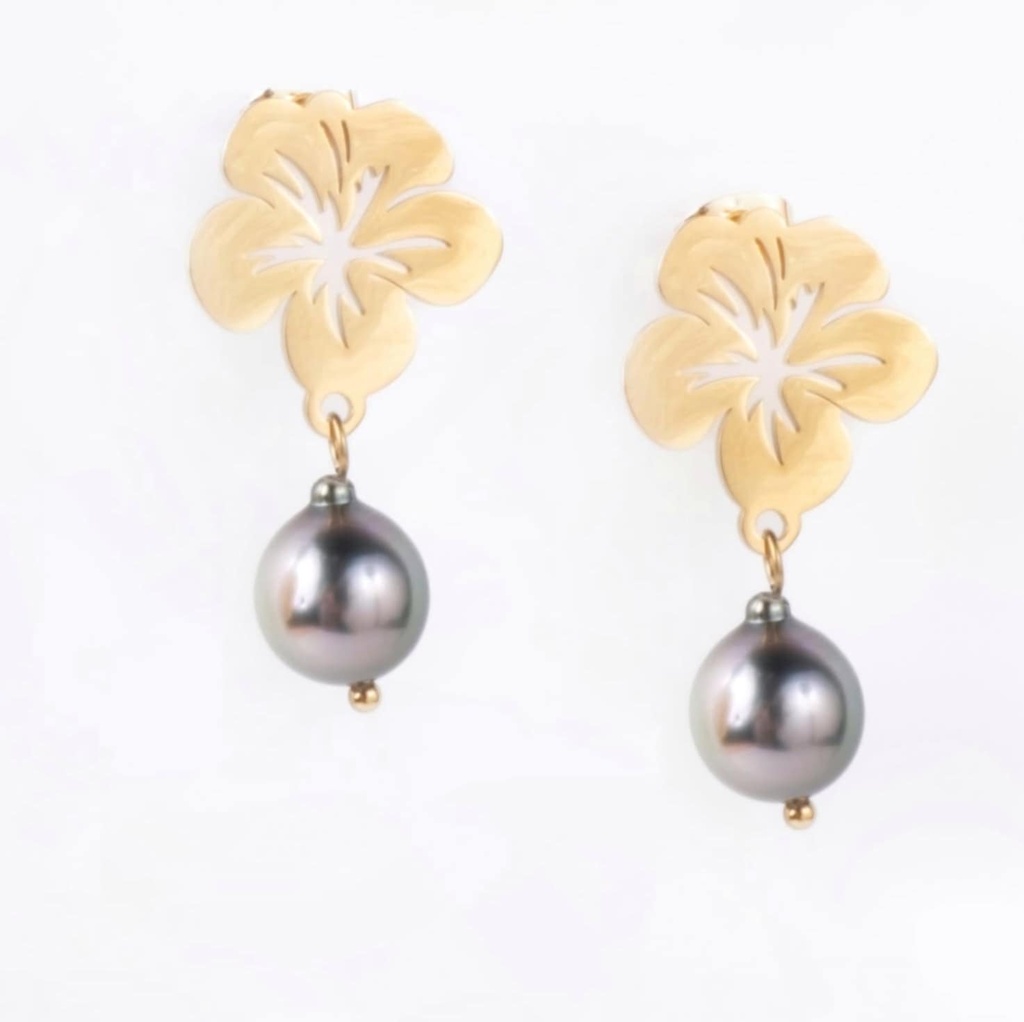 BOUCLES D OREILLES STUDS HIBISCUS ET PERLE - ACIER DORE