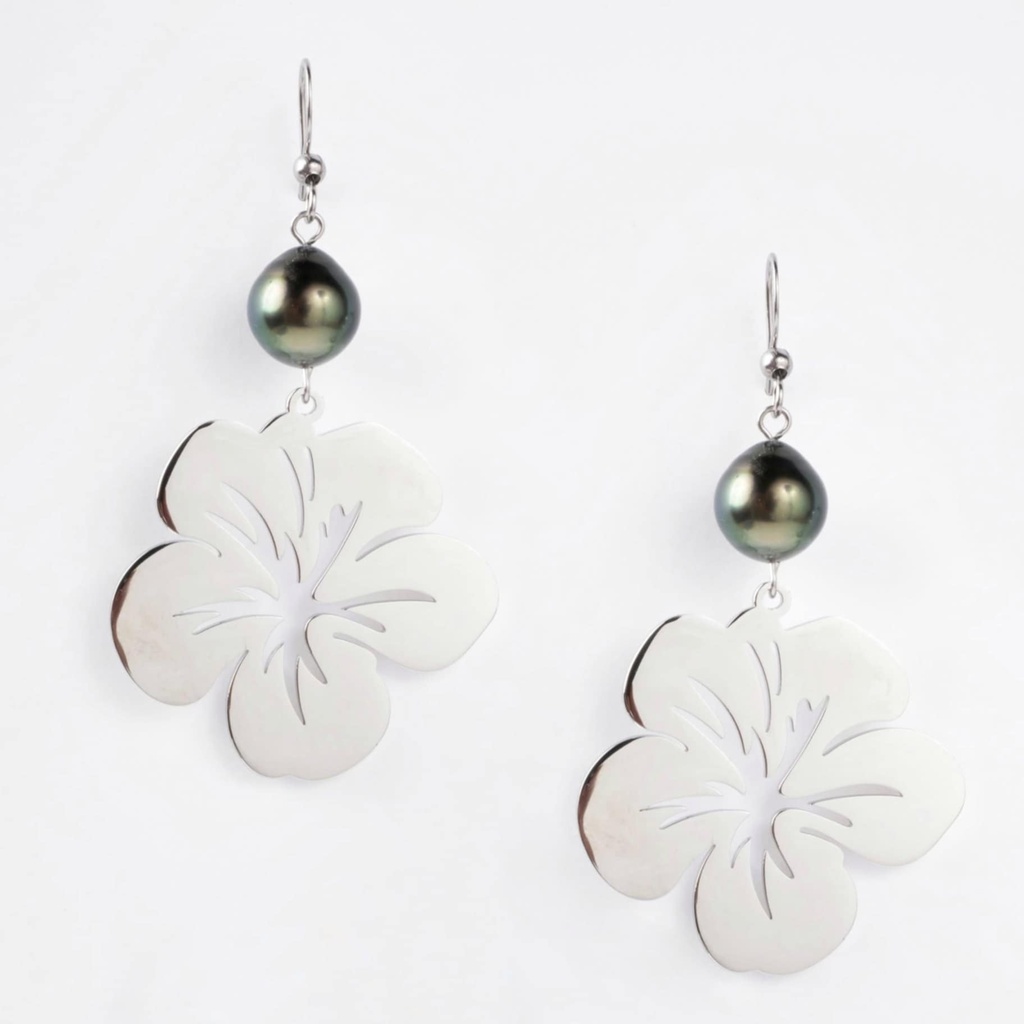 BOUCLES D OREILLES HIBISCUS ET PERLE - ACIER GRIS