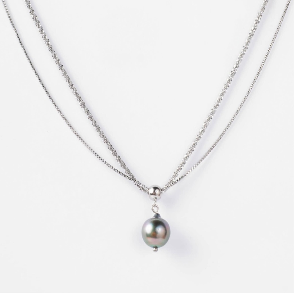 COLLIER CHAINE DOUBLE PENDENTIF PERLE - ACIER