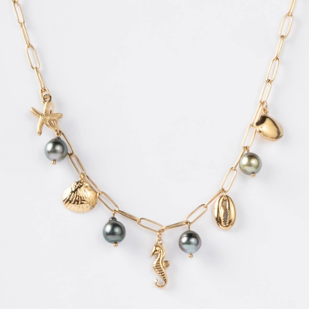 COLLIER SEA - GROSSES MAILLES BRELOQUES, PERLES - acier doré