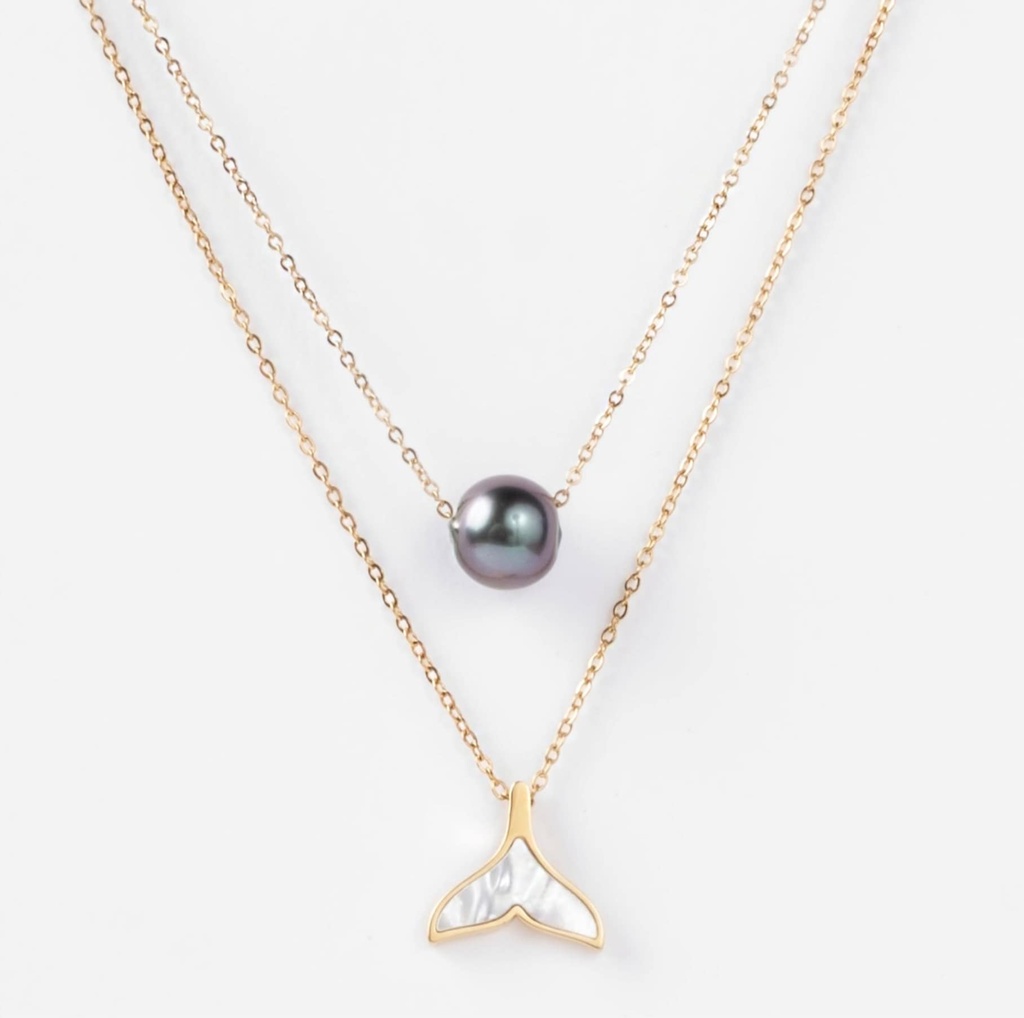 COLLIER DOUBLE QUEUE DE BALEINE ET PERLE - ACIER DORE