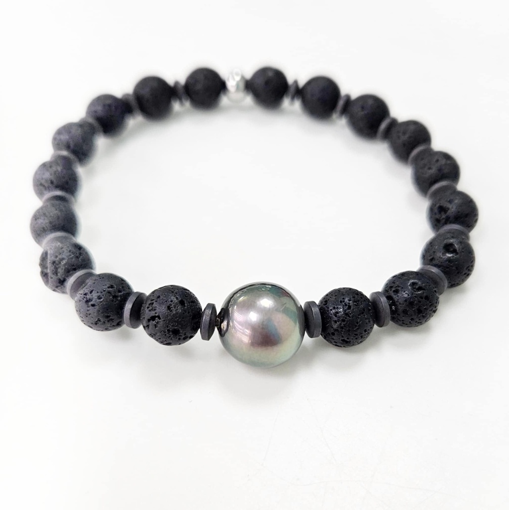 BRACELET ELASTIQUE HOMME PIERRE DE LAVE HEMATITE ET PERLE