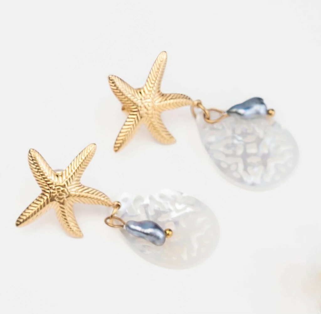 BOUCLES D OREILLES STARFISH NACRE ET KEISHI - ACIER DORE