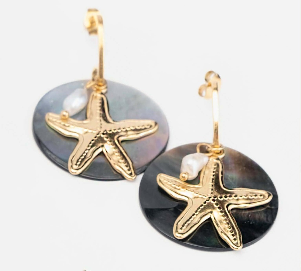 BOUCLES D OREILLES NACRE RONDE ETOILE DE MER ET KEISHI - ACIER DORE